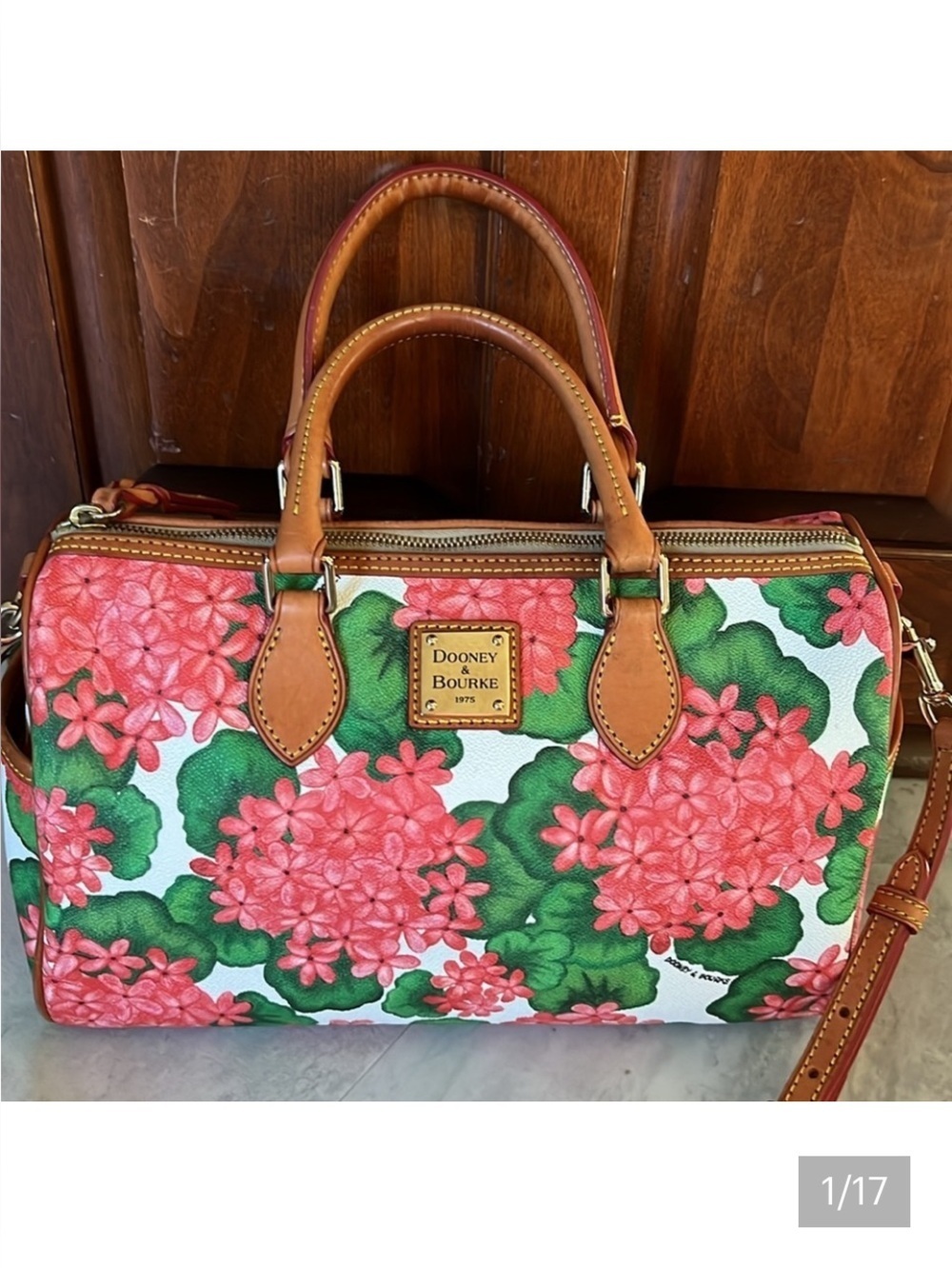 Dooney & Bourke  Satchel  crossbody bag genuine leather geraniums  pink/red/gree